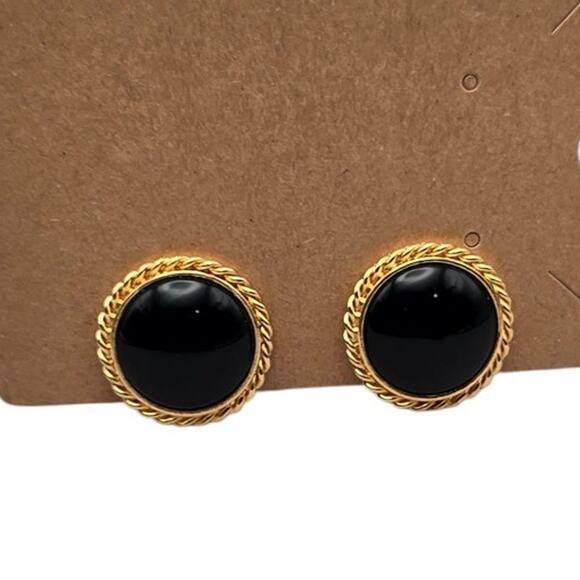 Black Cabochon Domes Vintage Gold-Tone Clip-On Earrings - Picture 2 of 5